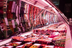 Meat. cabinet displaying fresh premium meat